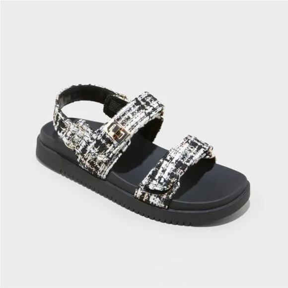 A New Day Jonie Jet Black Tweed Sandals Sling Back 6.5 Knit Gold Buckle Fall - Picture 1 of 10